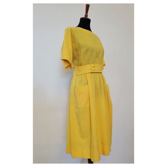 Vintage 1970's Deadstock Bright Yelllow Belted Dress - Picture 5 of 8